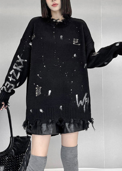Fashion Black Graphic Hole Thick Cotton Knit Sweater Fall