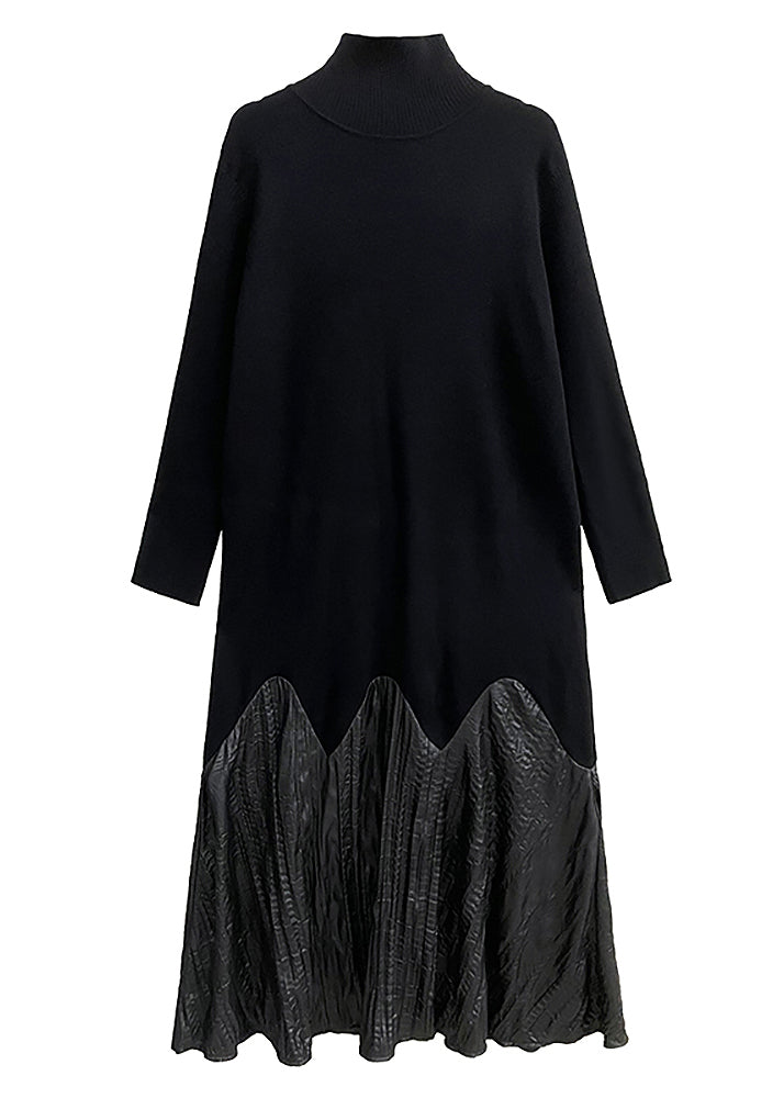Fashion Black High Neck Patchwork Knit Long Dresses Spring