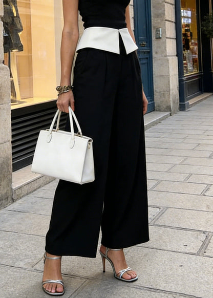 Fashion Black High Waist Patchwork Spandex Wide Leg Pants Spring
