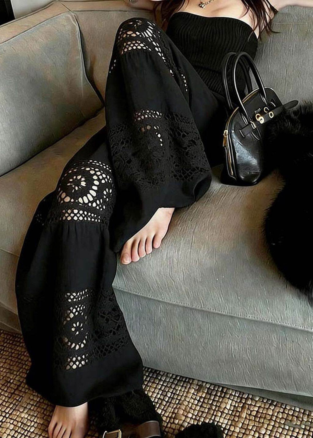Fashion Black Hollow Out Wide Leg Pants Summer