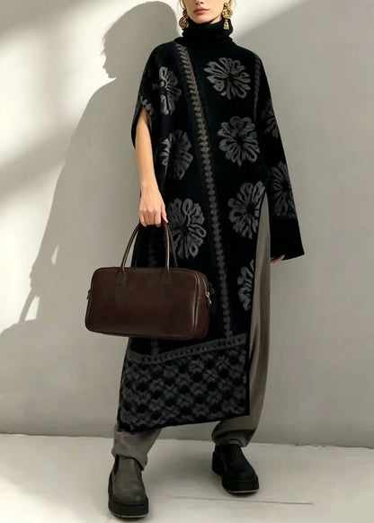 Fashion Black Jacquard Turtleneck Asymmetrical Knitwear Dress Fall