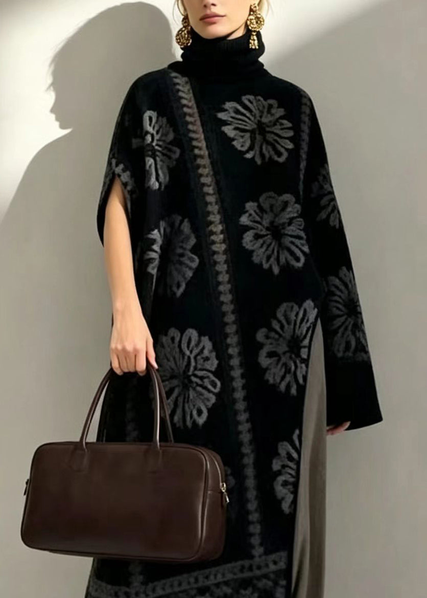 Fashion Black Jacquard Turtleneck Asymmetrical Knitwear Dress Fall