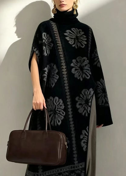 Fashion Black Jacquard Turtleneck Asymmetrical Knitwear Dress Fall