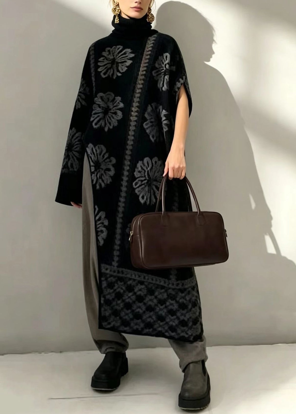 Fashion Black Jacquard Turtleneck Asymmetrical Knitwear Dress Fall