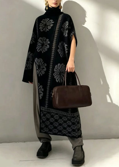 Fashion Black Jacquard Turtleneck Asymmetrical Knitwear Dress Fall