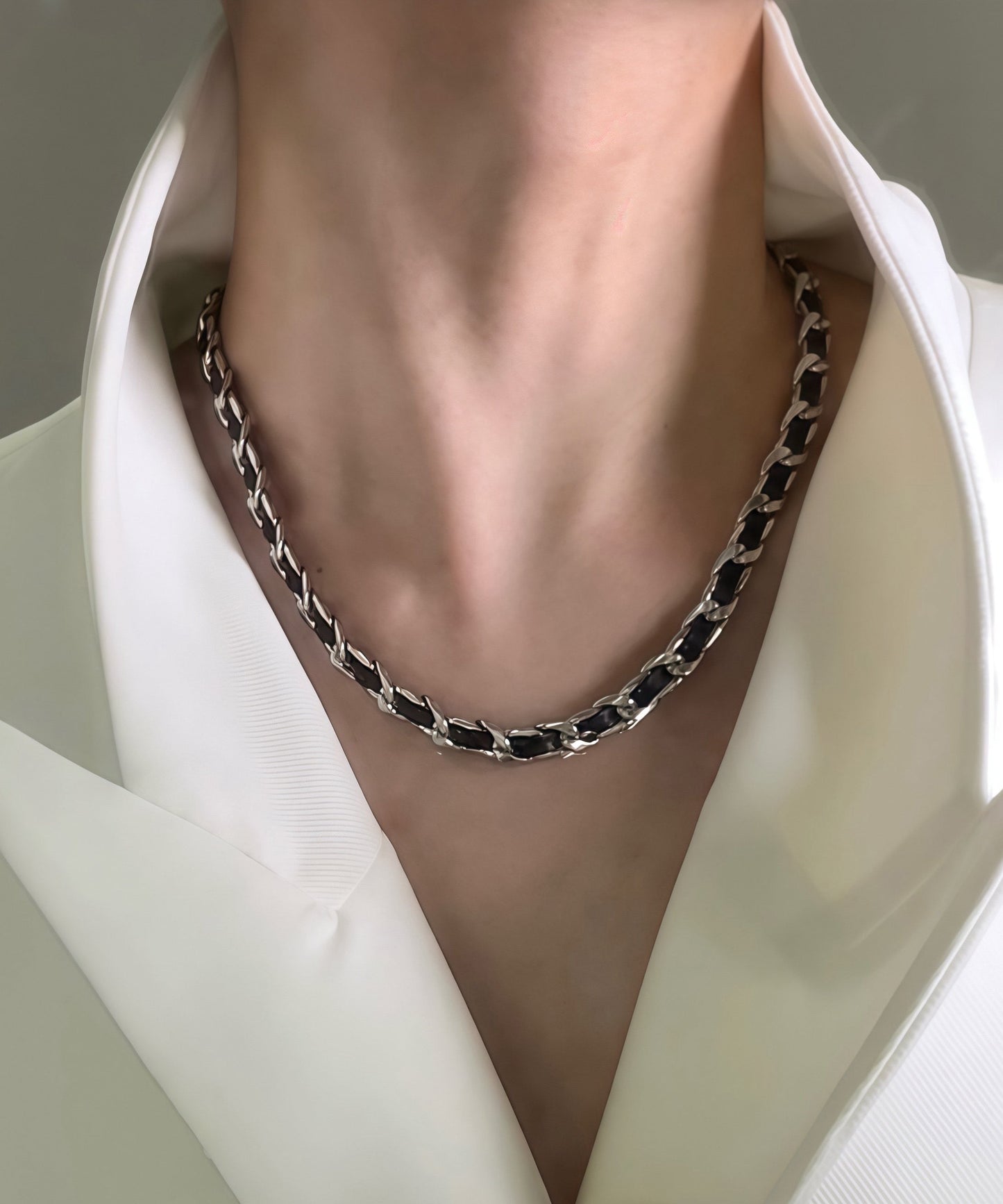 Fashion Black Leather Strap Adjustable Tungsten steel Choker