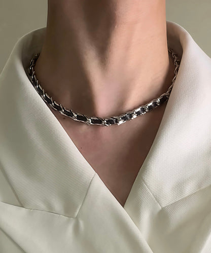 Fashion Black Leather Strap Adjustable Tungsten steel Choker