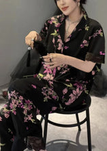 Load image into Gallery viewer, Fashion Black Notched Print Button Ice Silk Two Pieces Set Summer