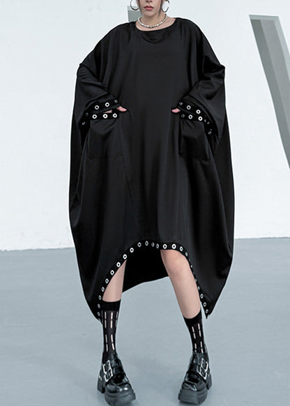 Fashion Black O Neck Asymmetrical Patchwork Cotton Dress Long Sleeve