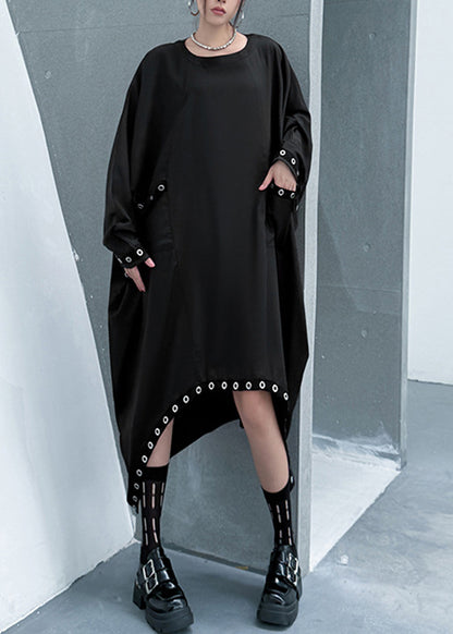 Fashion Black O Neck Asymmetrical Patchwork Cotton Dress Long Sleeve