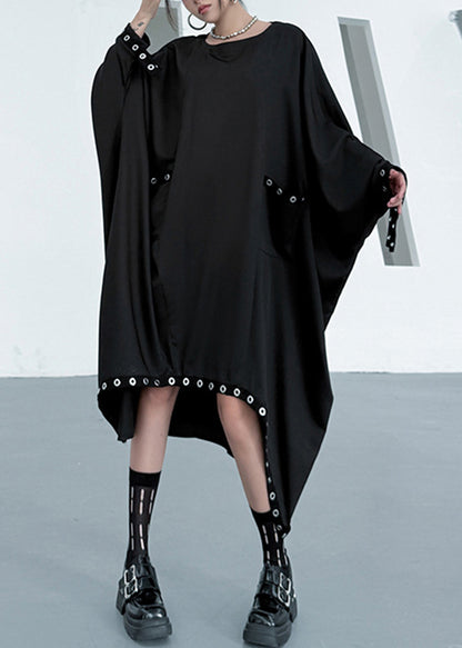 Fashion Black O Neck Asymmetrical Patchwork Cotton Dress Long Sleeve