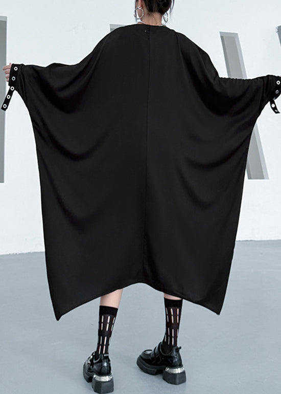 Fashion Black O Neck Asymmetrical Patchwork Cotton Dress Long Sleeve