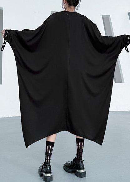 Fashion Black O Neck Asymmetrical Patchwork Cotton Dress Long Sleeve