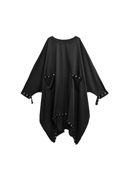 Fashion Black O Neck Asymmetrical Patchwork Cotton Dress Long Sleeve