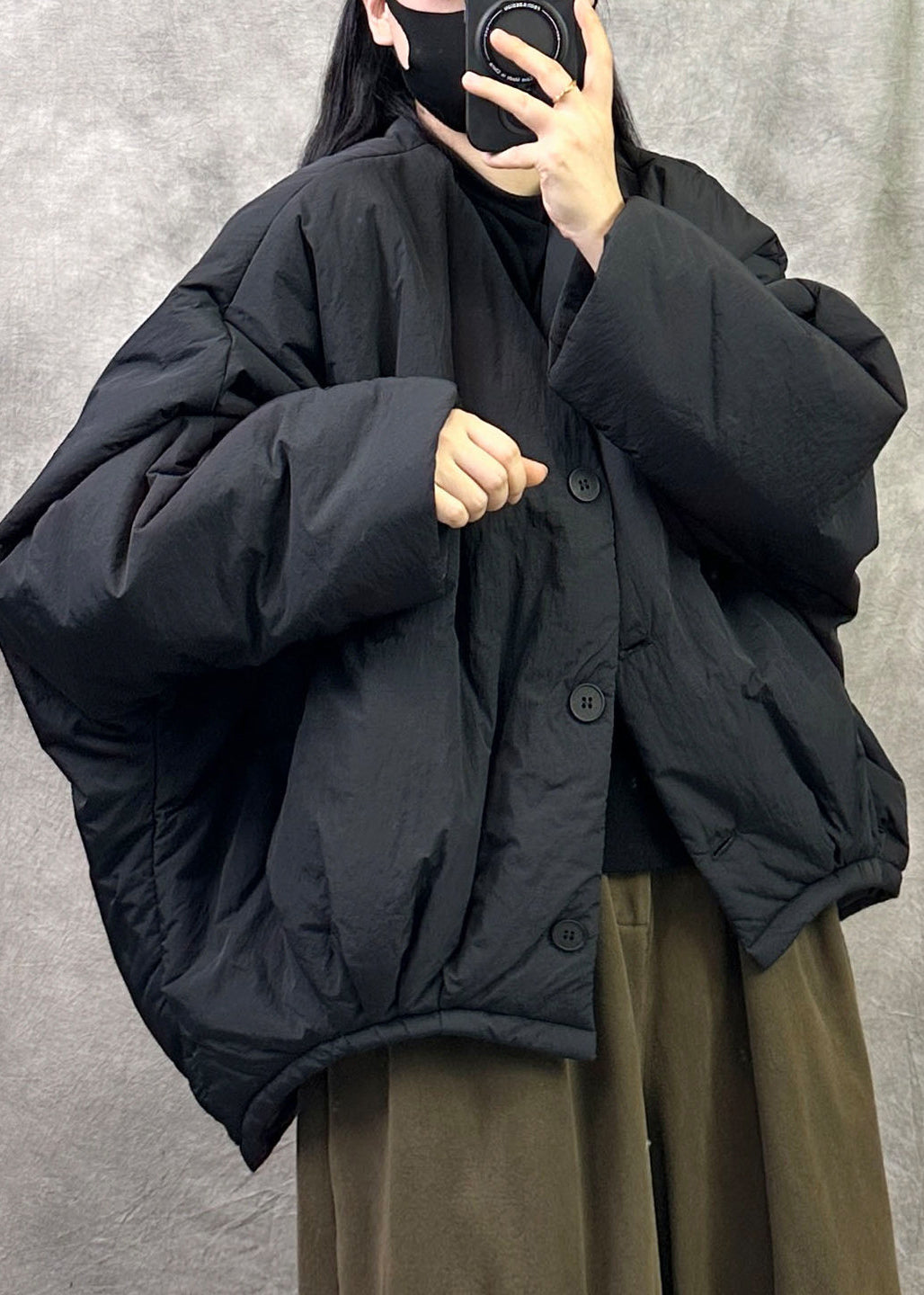 Fashion Black O Neck Button Fine Cotton Filled Jacket Winter