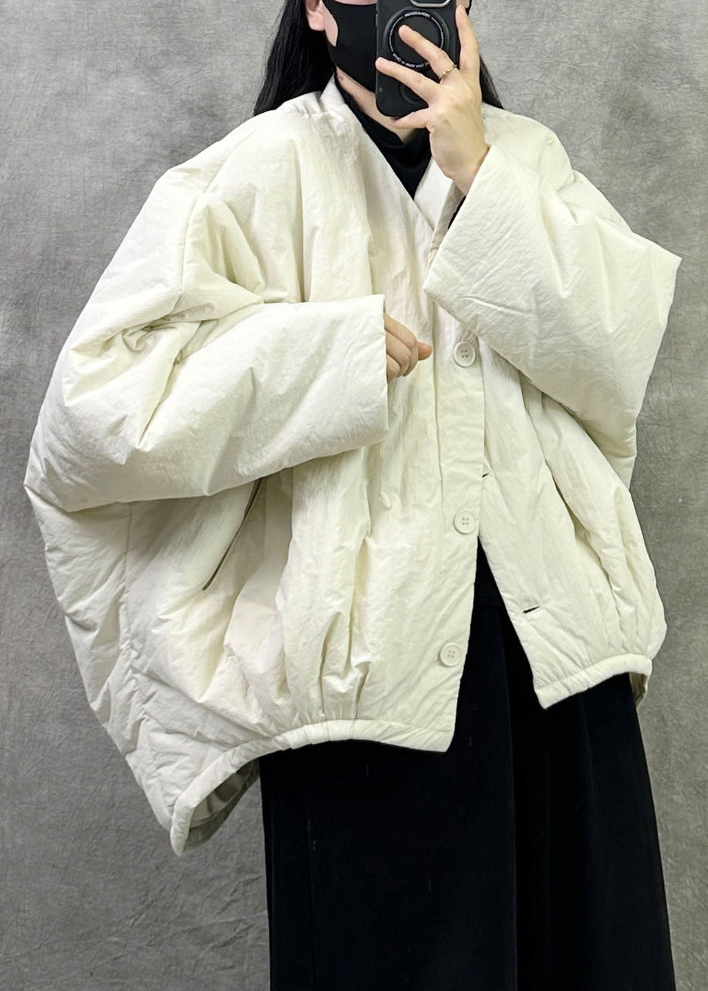 Fashion Black O Neck Button Fine Cotton Filled Jacket Winter