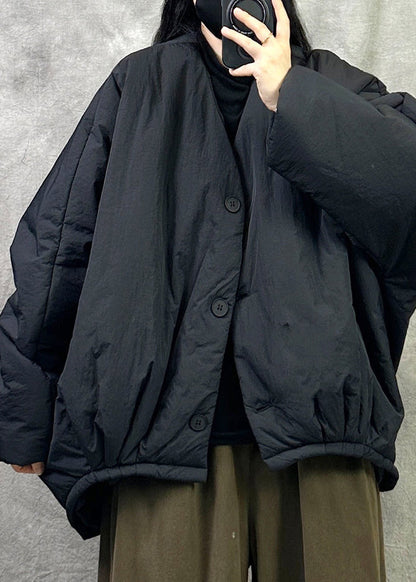 Fashion Black O Neck Button Fine Cotton Filled Jacket Winter