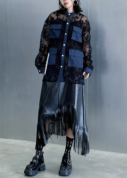 Fashion Black O Neck Denim Pockets Patchwork Lace Shirts Summer