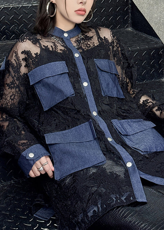 Fashion Black O Neck Denim Pockets Patchwork Lace Shirts Summer