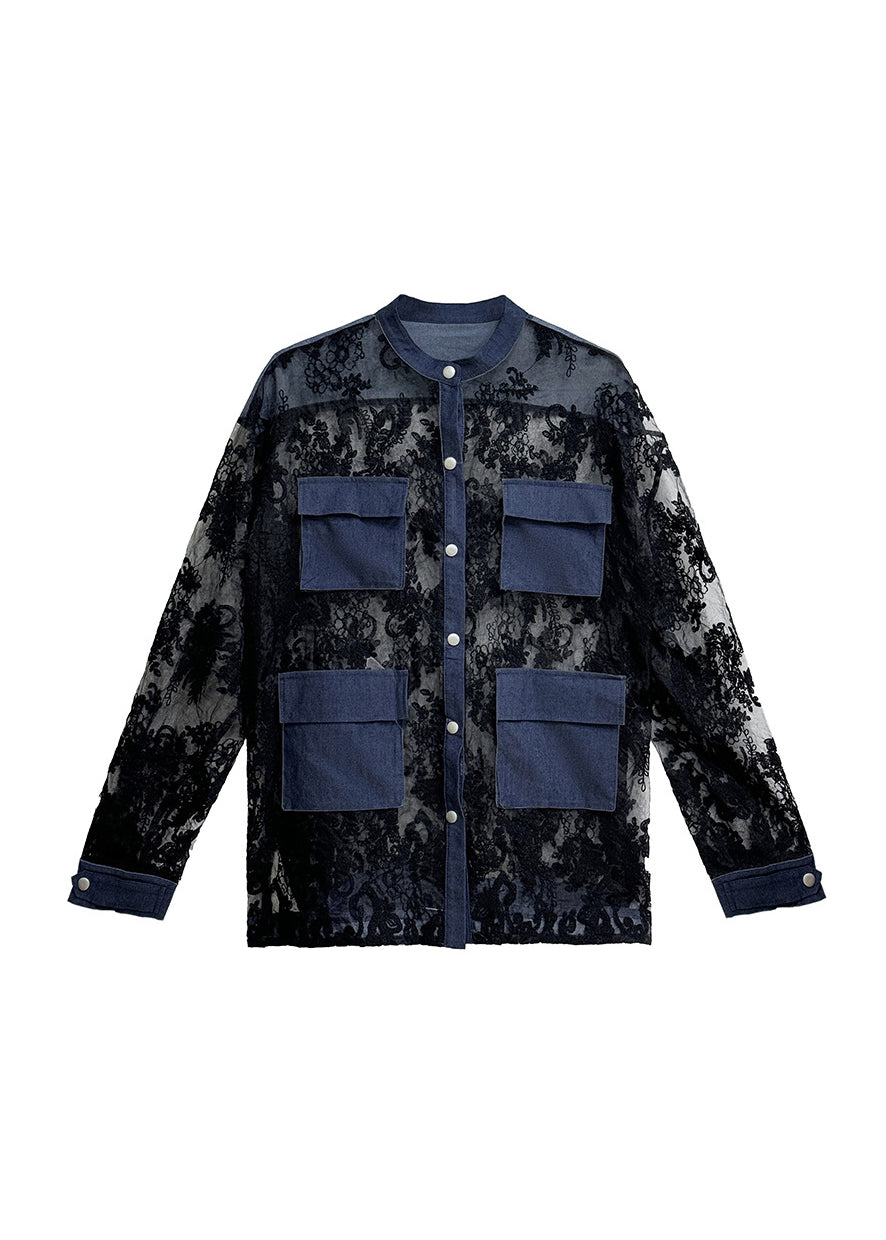 Fashion Black O Neck Denim Pockets Patchwork Lace Shirts Summer
