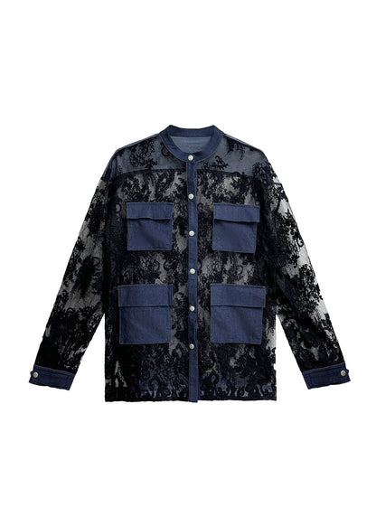 Fashion Black O Neck Denim Pockets Patchwork Lace Shirts Summer