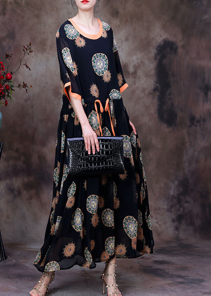 Fashion Black O-Neck Drawstring Patchwork Print Chiffon Long Dress Half Sleeve