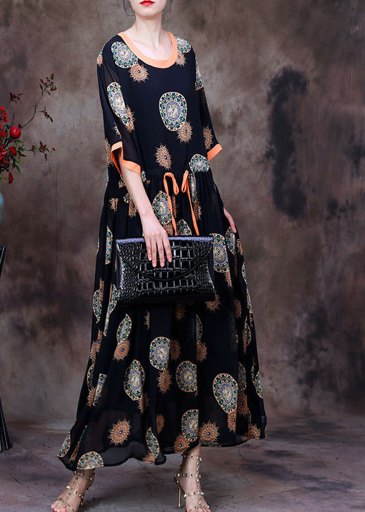 Fashion Black O-Neck Drawstring Patchwork Print Chiffon Long Dress Half Sleeve