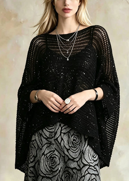 Fashion Black O-Neck Hollow Out Sequins Knit Top Batwing Sleeve
