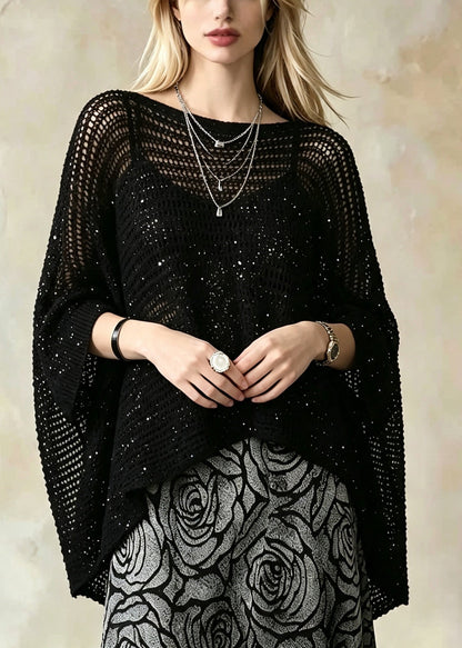 Fashion Black O-Neck Hollow Out Sequins Knit Top Batwing Sleeve