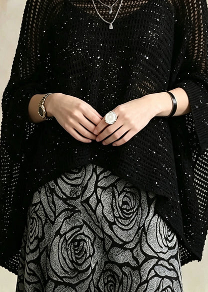 Fashion Black O-Neck Hollow Out Sequins Knit Top Batwing Sleeve