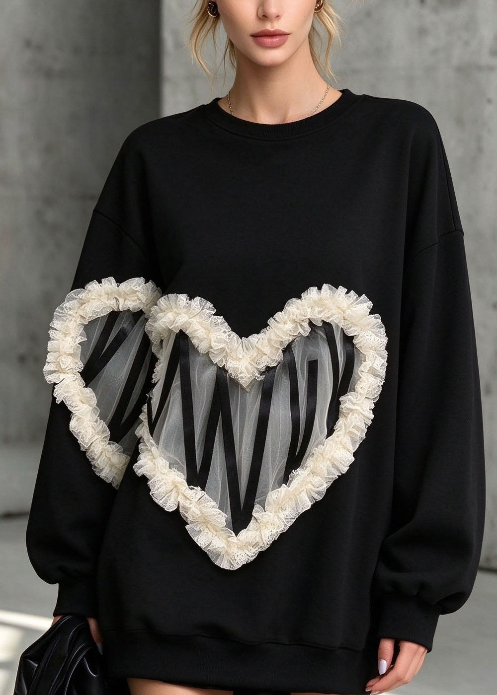 Fashion Black O Neck Lace Ruffled Patchwork Warm Fleece Pullover Streetwear Winter
