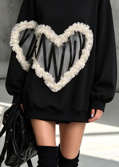 Fashion Black O Neck Lace Ruffled Patchwork Warm Fleece Pullover Streetwear Winter