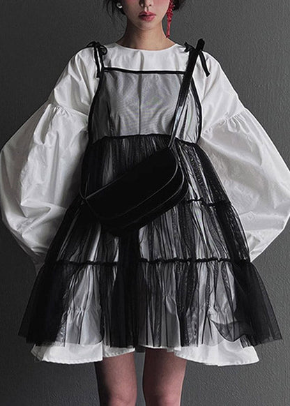 Fashion Black O-Neck Mid Spaghetti Strap And Shirts Dress Tulle Two Pieces Set Lantern Sleeve