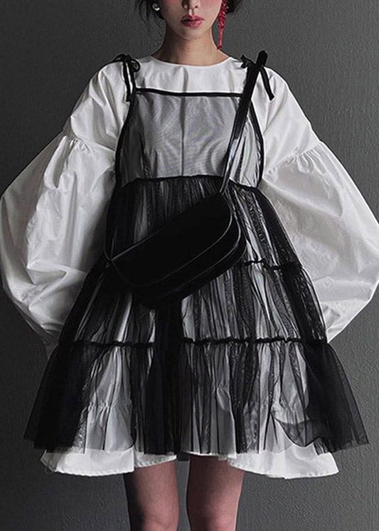 Fashion Black O-Neck Mid Spaghetti Strap And Shirts Dress Tulle Two Pieces Set Lantern Sleeve