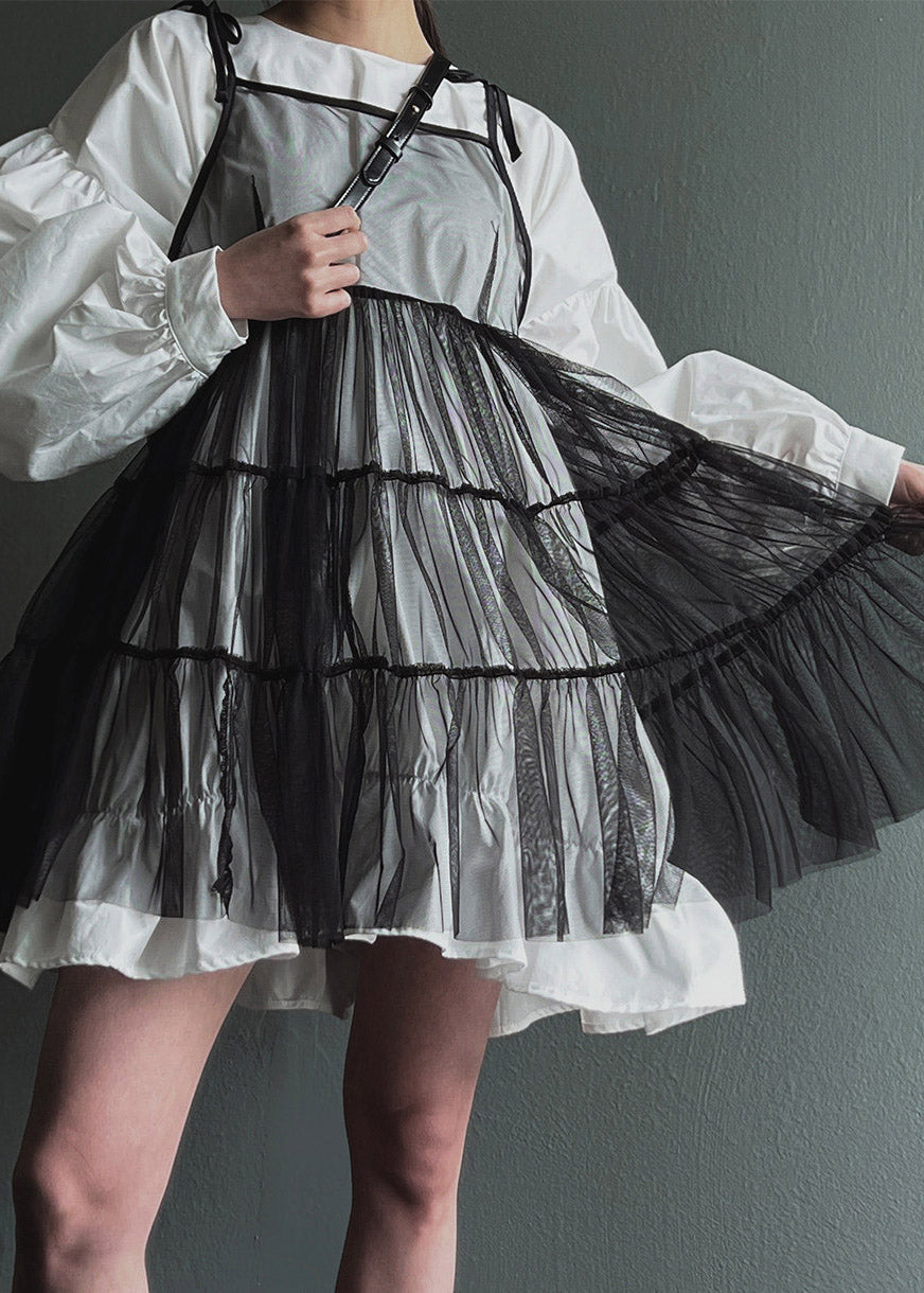 Fashion Black O-Neck Mid Spaghetti Strap And Shirts Dress Tulle Two Pieces Set Lantern Sleeve
