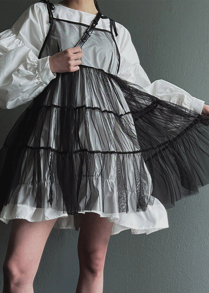 Fashion Black O-Neck Mid Spaghetti Strap And Shirts Dress Tulle Two Pieces Set Lantern Sleeve