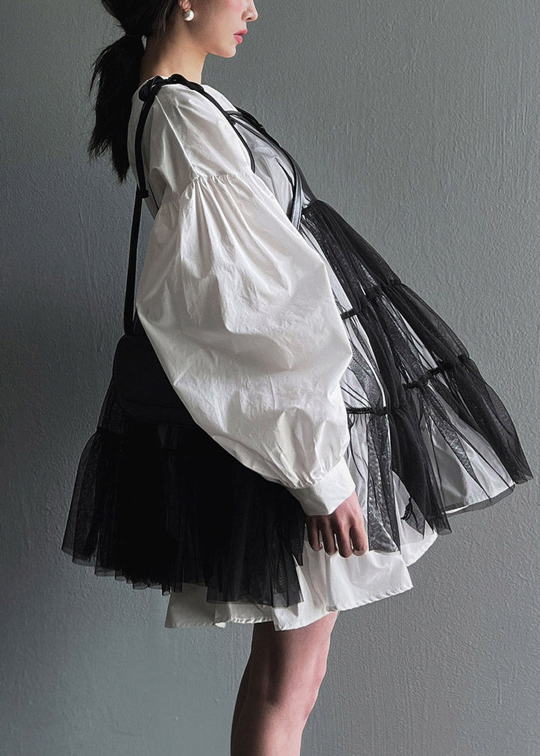 Fashion Black O-Neck Mid Spaghetti Strap And Shirts Dress Tulle Two Pieces Set Lantern Sleeve