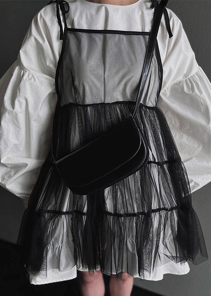 Fashion Black O-Neck Mid Spaghetti Strap And Shirts Dress Tulle Two Pieces Set Lantern Sleeve