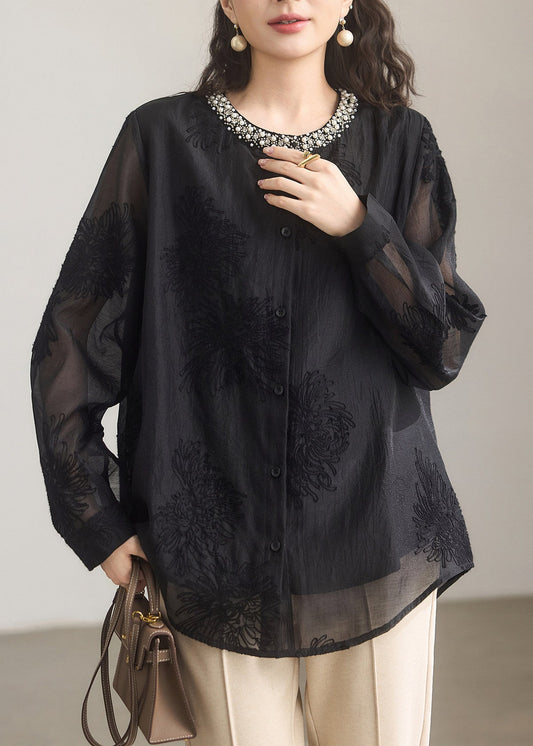 Fashion Black O-Neck Nail Bead Embroidered  Shirts Fall