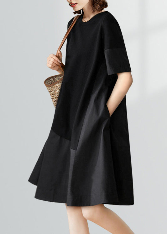 Fashion Black O-Neck Patchwork Vacation Dresses Short Sleeve