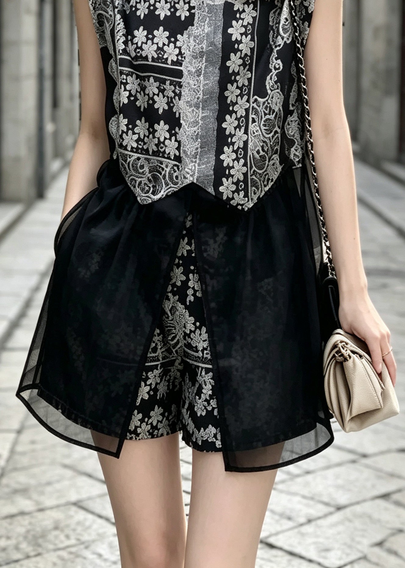 Fashion Black O Neck Print Tulle Two Piece Set Outfits Sleeveless
