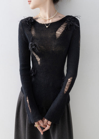 Fashion Black O Neck Tassel Floral Knit Top Spring