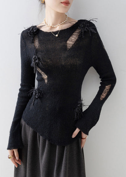 Fashion Black O Neck Tassel Floral Knit Top Spring