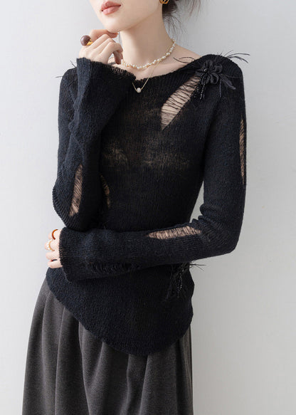 Fashion Black O Neck Tassel Floral Knit Top Spring