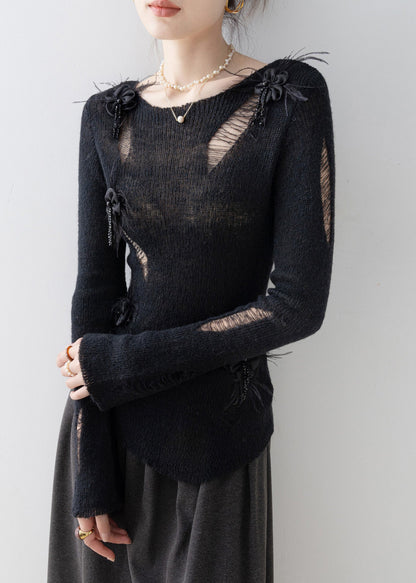 Fashion Black O Neck Tassel Floral Knit Top Spring