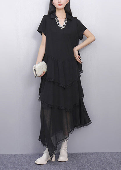 Fashion Black Peter Pan Collar Asymmetrical Long Cake Dress Short Sleeve