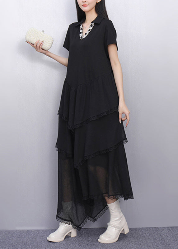 Fashion Black Peter Pan Collar Asymmetrical Long Cake Dress Short Sleeve