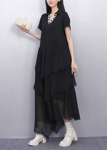 Fashion Black Peter Pan Collar Asymmetrical Long Cake Dress Short Sleeve