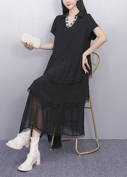 Fashion Black Peter Pan Collar Asymmetrical Long Cake Dress Short Sleeve