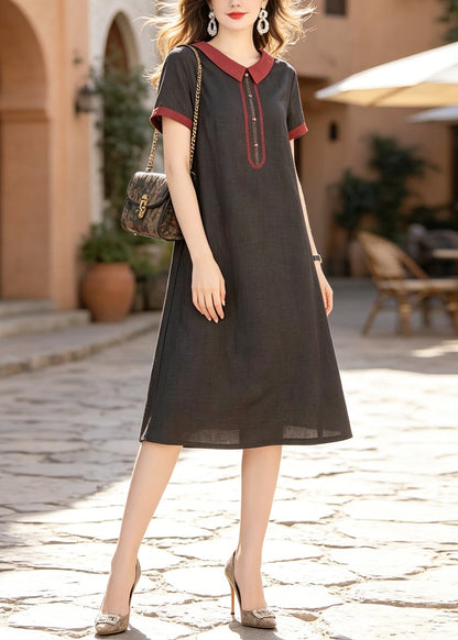 Fashion Black Peter Pan Collar Pockets Silk Dress Summer